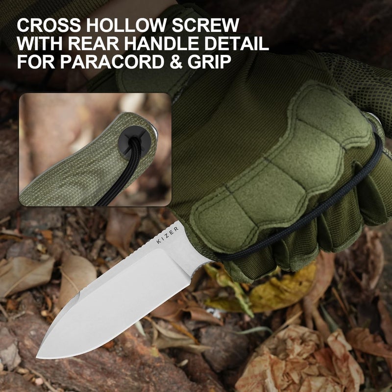 KIZER Drop Bear Fix 3 Fixed Blade Knife, 3.8" 14C28N Blade EDC Camping Knife with Green Micarta Handle, Small Hunting Knives with Sheath, Outdoor Survival Knives with Pocket Clip and Lanyard, 1101A2 - Image 5